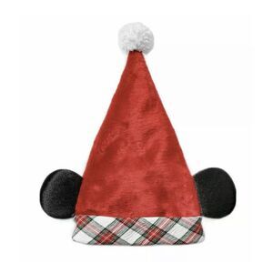 Authentic Disney Parks Christmas Plaid Red Mickey Mouse Ears Santa Hat Adult NWT